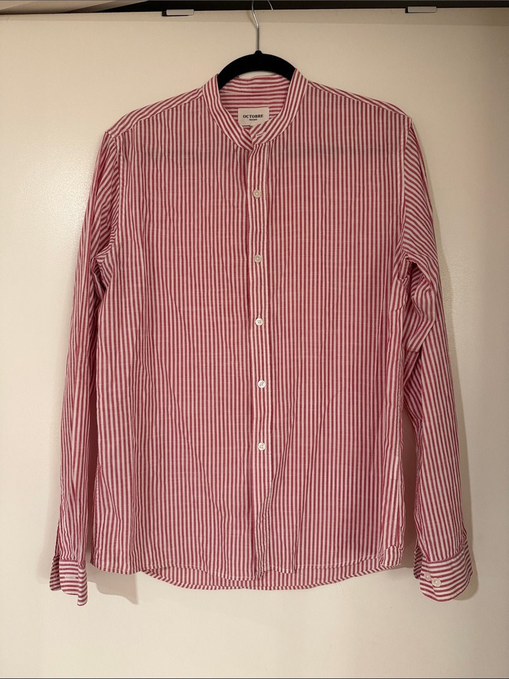Sezane Red and White Vertical Stripe Band-Collar Shirt size L (fits like a M)